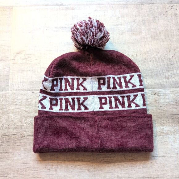 Victoria's Secret Pink Beanie Winter Hat One Size Maroon Logo EUC - Picture 1 of 5